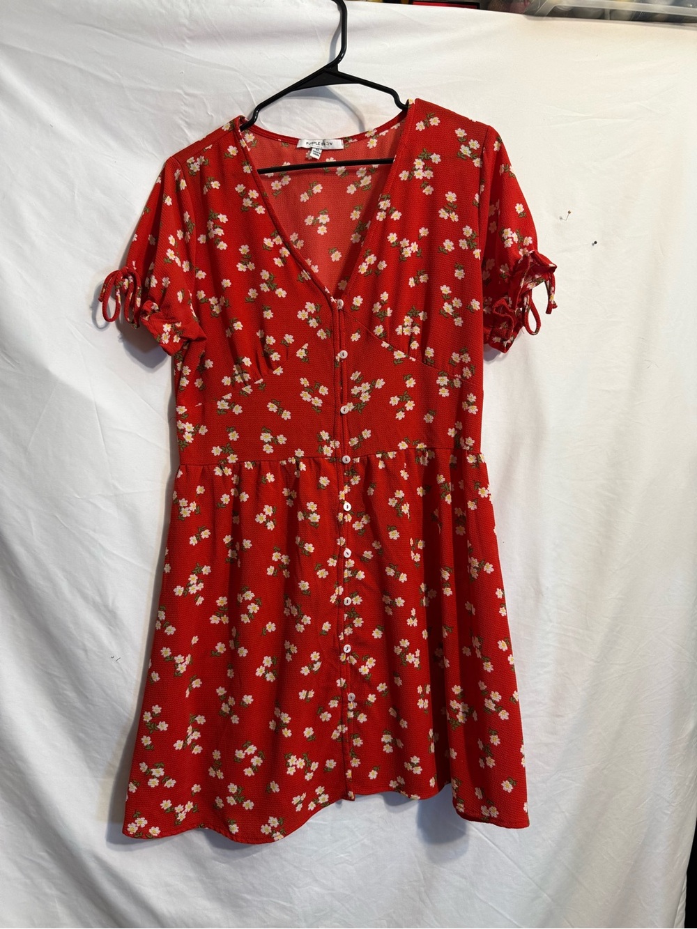 Purple Snow Red Floral Button-Front V-Neck Mini Dress with Tie Sleeves